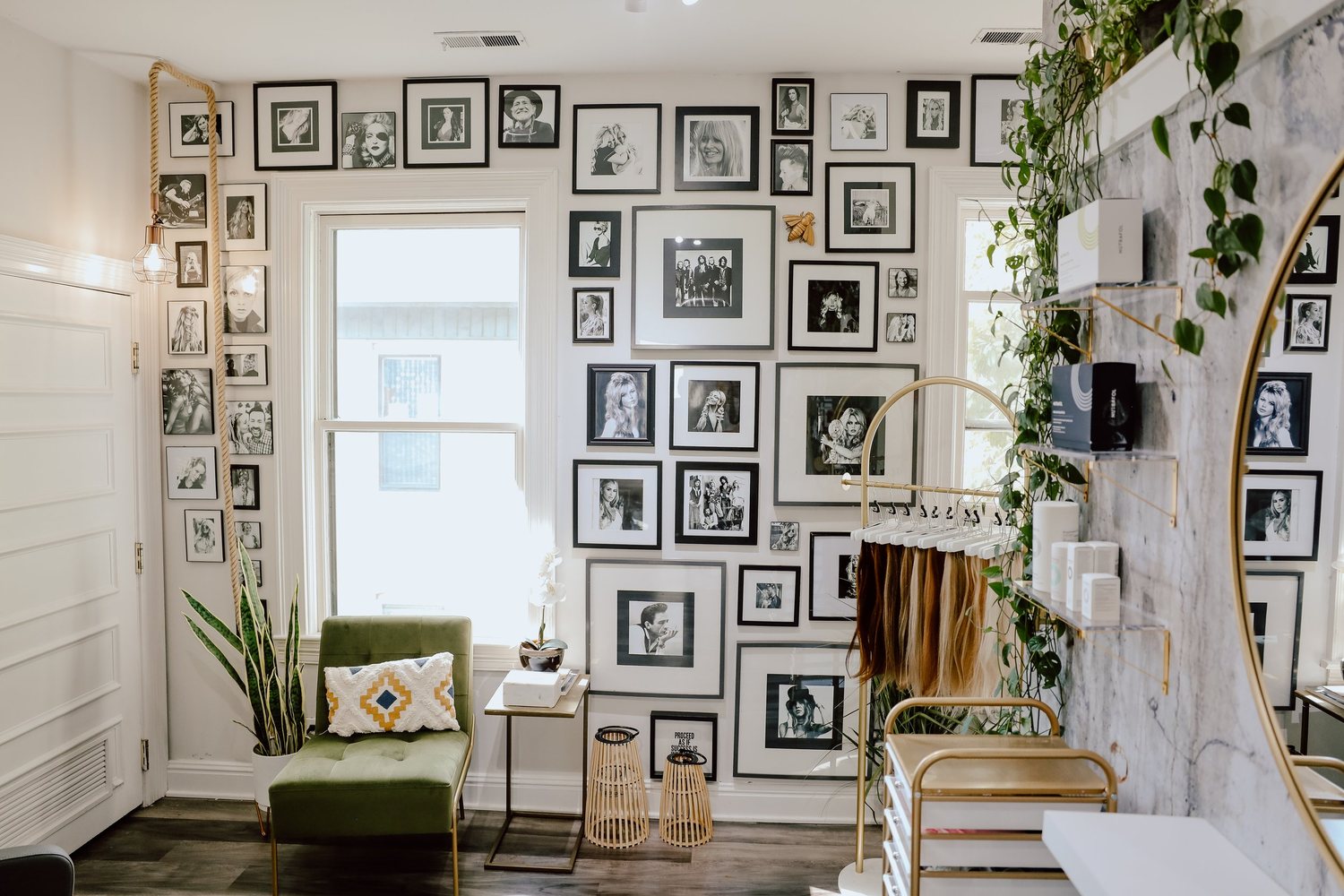 The gallery wall and styling stations inside Sweet Melissa Salon